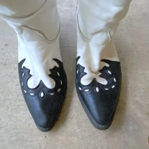 Vintage 1970s Womens Black and White Leather Mid Calf Cowboy Boots - Picture 9 of 10
